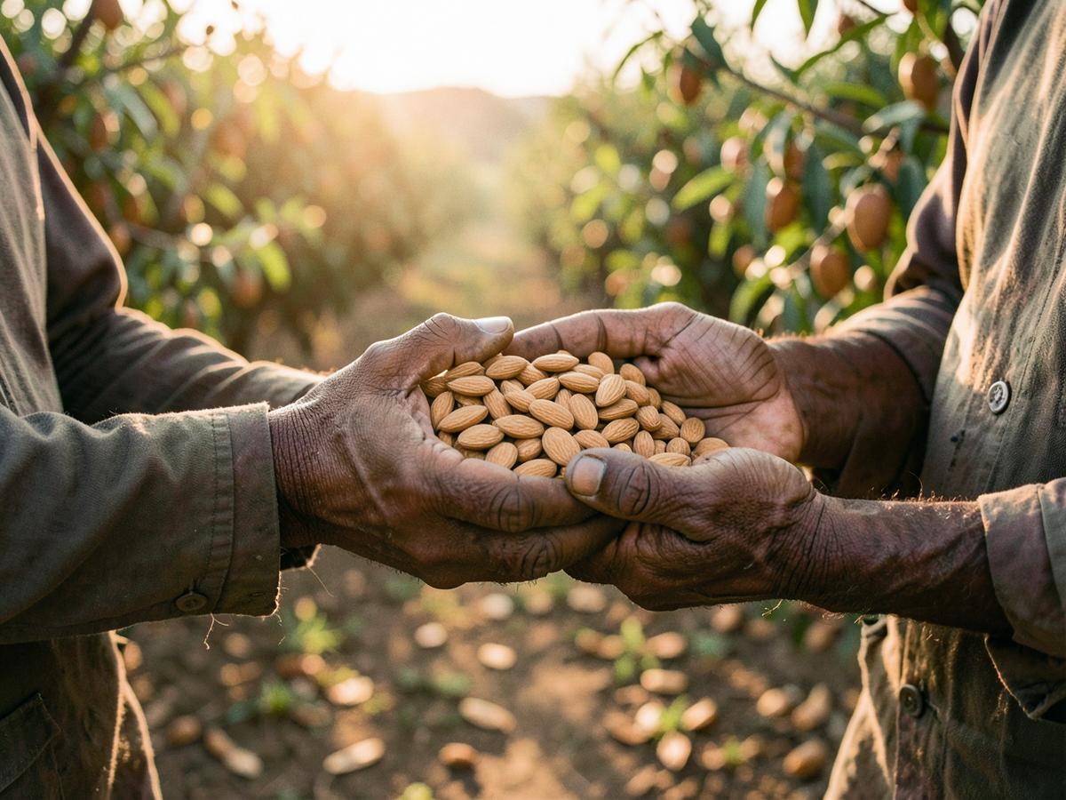Farmer holding freshly harvested almonds in an orchard