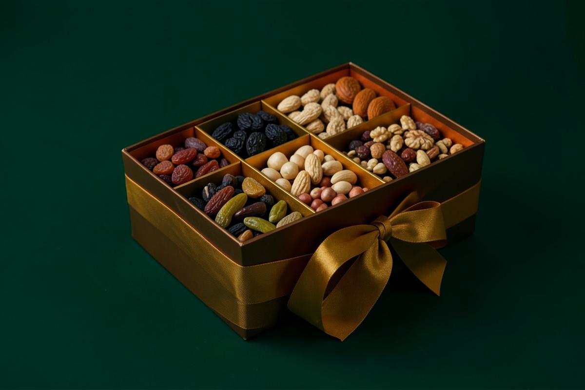 Premium dry fruit gift hamper with golden ribbon